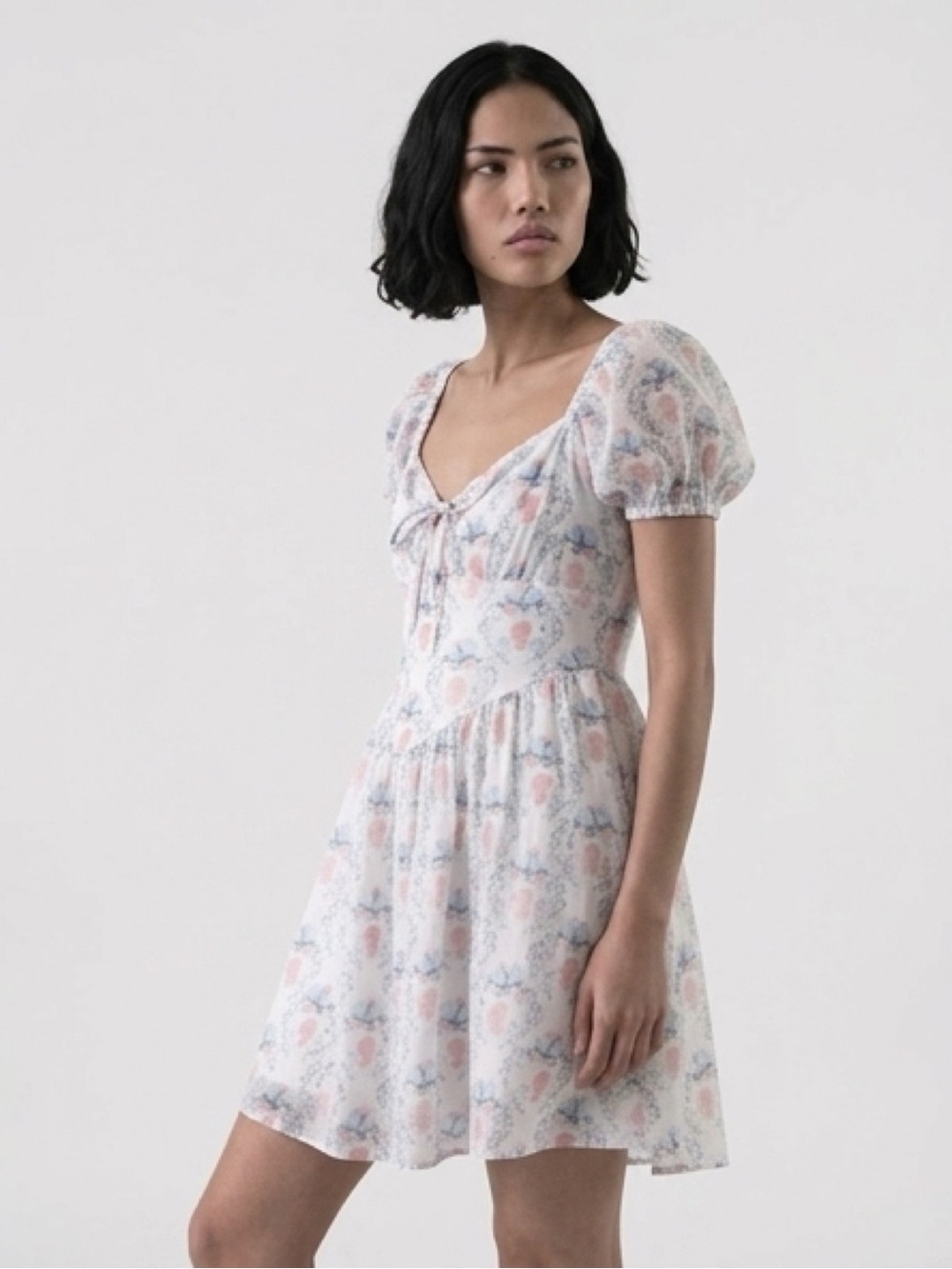 Bridgerton Pastel Floral Puff-Sleeve Mini Dress in Pink & White